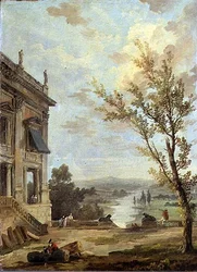 Paysage italianisant capricieux avec le Palazzo Nuovo du Capitole et des gens de qualité sur une terrasse, une rivière au-delà