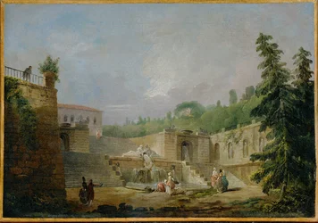 Fontaine sur une terrasse (peinture sur toile)