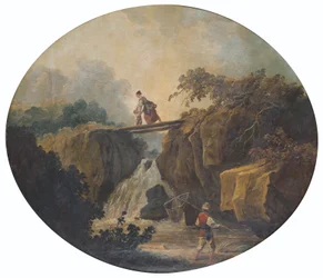 French: Paysage de cascade avec un pont