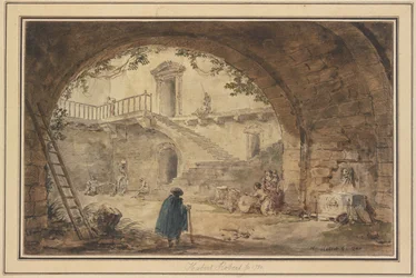 Voûte avec fontaine antique et vue sur un escalier