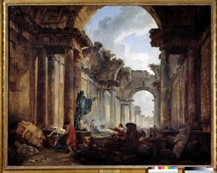 Vue imaginaire de la Grande Galerie du Louvre en ruines, peinture de Hubert Robert (1733-1808), soleil, 1,14 x 1,46 m