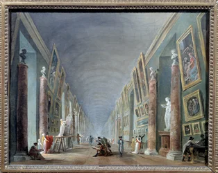 La grande galerie du Louvre entre 1801 et 1805. Peinture de Hubert Robert (1733-1808), 0,37 x 0,46, musée du Louvre, Paris