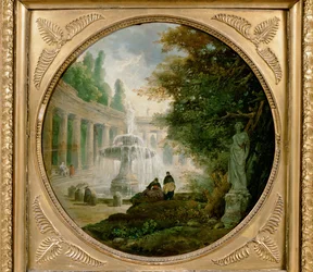 Parc avec fontaine (huile sur bois)