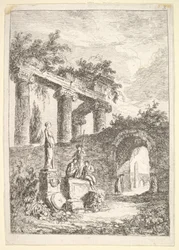 Planche 3 : La statue devant les ruines : une statue à gauche à côté de trois figures sur un p..., vers 1763-64