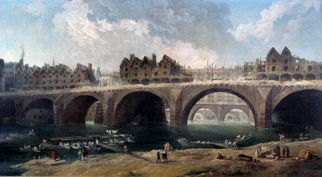 La démolition des maisons sur le pont Notre-Dame à Paris en 1786. Sur la Seine, un bateau-lavoir. Peinture de Hubert Robert 1786. Paris, Musée Carnavalet