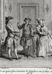 Je ne peux plus supporter les tourments ici où je suis, illustration pour Eugénie par Beaumarchais, gravée par Louis Joseph Masquelier (1741-1811)