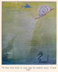 "À ces niveaux inférieurs, nous avons rencontré les formes ombragées de navires morts" illustration de Les Voyages du Docteur Dolittle