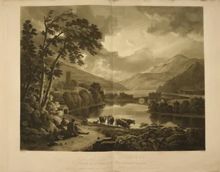 Illustration montrant une vue de Kenmore sur le Loch Tay en Écosse. Un paysage de lac et de montagne dans les Highlands.