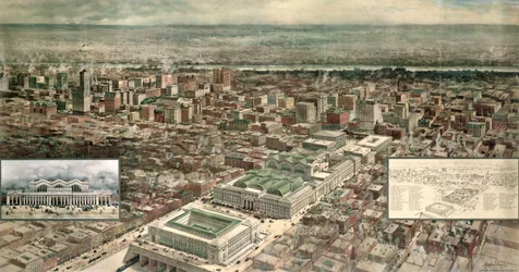 Gare de Pennsylvanie, 7e avenue et 32e rue, New York, gravée par Ketterlinus, 1910