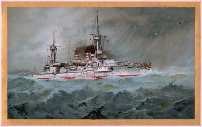 S.M.S. Linienschiff Brandenburg (blason aigle rouge sur bouclier blanc, S.M.S. Wörth = aigle impérial noir sur bouclier doré)