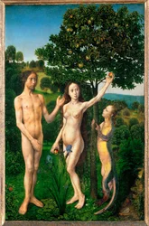 La chute. Adam et Eve tentés par le serpent (peinture sur bois de chêne)