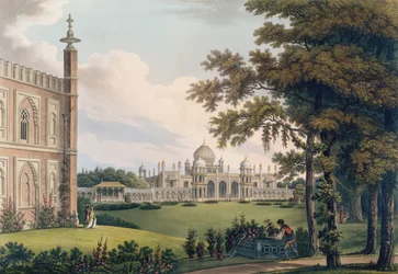 Pavillon de Brighton montrant les jardins, gravé par Joseph Constantine Stadler