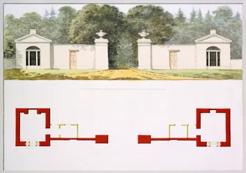 Élévation et plans au sol de la nouvelle entrée proposée et des pavillons, du Livre Rouge pour Antony House