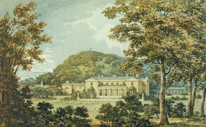 La façade sud avec la façade est en perspective, du Livre Rouge pour Antony House, vers 1812