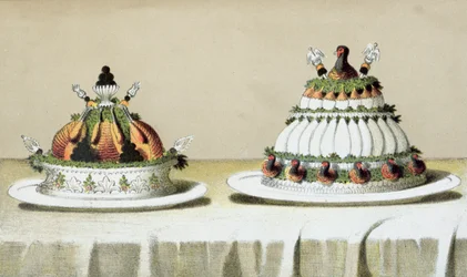 Conception pour la présentation de poulet farci au foie gras et de poitrines de faisan cuites à la manière de Berthold, illustration d