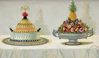 Conception pour la présentation de poulet avec mayonnaise et aspic sur un lit de beurre et de glace et de fruits, illustration d