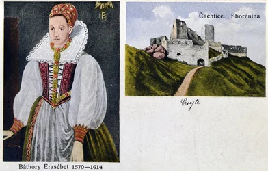 Carte postale représentant la comtesse Élisabeth Bathory (1560-1614) et le château de Cachtice
