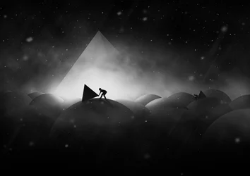 Un homme poussant une pyramide lumineuse