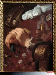 Étude de mains croisées, tissus, fleurs, cloche, épée
