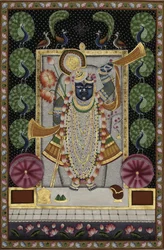Le seigneur Krishna avec des paons