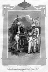 Lord Cornwallis 1738-1805 recevant les fils de Tippoo Saib comme otages, 1816