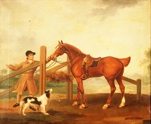 Un palefrenier menant un chasseur bai