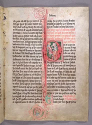 Initiale historiée P représentant deux commerçants, du début de la section sur le commerce, de Skarosbok (Le Livre de Skard) c.1350