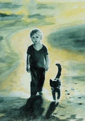 Un garçon et un chat se promènent