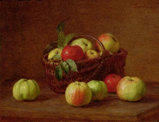 Pommes dans un panier et sur une table