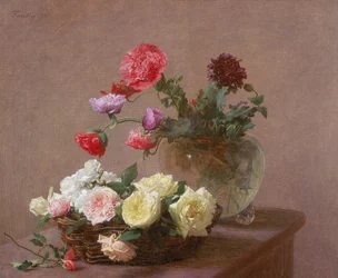 Coquelicots dans un vase en cristal, ou panier de roses, 1890