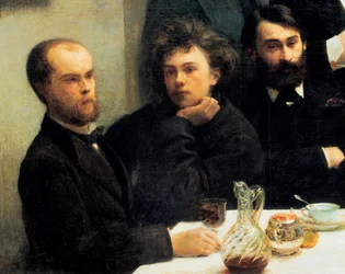 Coin de table : de gauche à droite : Paul Verlaine, Arthur Rimbaud, Elzear Bonnier.