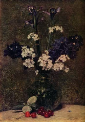 Vase de fleurs, avec des cerises et des amandes sur la table, Nature morte, Iris, Delphinium hybrides