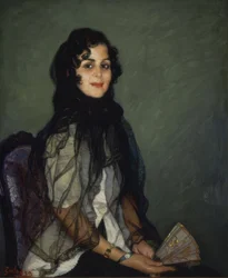 Angustias en blanc avec mantille noire et éventail – XXe siècle – Huile / Toile – 95x79 cm