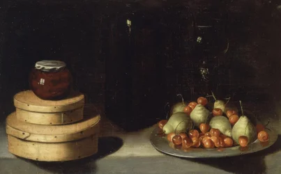 Nature morte (plateau avec cerises et poires, boîtes et pot de miel) – XXe siècle