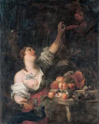 Une femme cueillant des raisins et un putto près d
