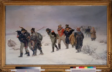 En 1812. (Les prisonniers capturés de la Grande Armée de Napoléon marchent dans la neige, à bout de force, escortés par des paysans russes)