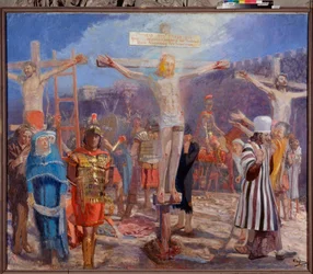 Le Calvaire. Scène de la Crucifixion. Sur les côtés, représentation du bon larron, aussi appelé saint Dismas (ou Dysmas, Dimas, Dumas), et du mauvais larron (Gesmas ou Gestas), deux voleurs crucifiés avec Jésus-Christ.