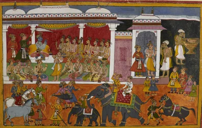 Un brahmane consulte Rāma au sujet de la mort de son fils, alors que le corps est conservé dans une urne.