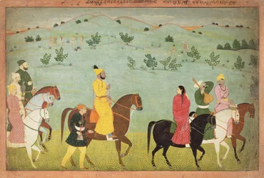 Un prince de Jasrota, peut-être Balwant Singh, en expédition équestre, par Nainsukh (actif 1740-50) Cachemire, vers 1751