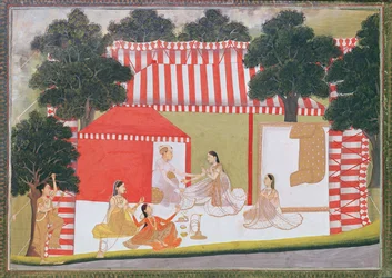 Un prince essayant de tirer une dame dans sa tente; une servante et des amis regardent avec surprise, c.1760