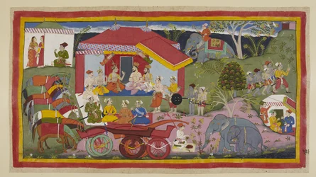 Dans une scène de campement, Guha le roi Nishada est introduit dans la réunion des princes, des brahmanes et des ministres. Les chevaux, dételés des chars, se tiennent en ligne attachés et entravés, tandis qu