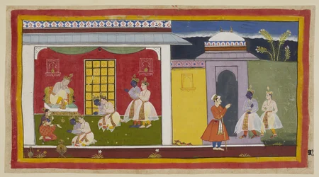 Add 15296 (1) f.31r, Rama et Laksmana à droite, avec Rama maintenant changé en costume de cour contemporain, approchent de la porte du palais de Kaikeyi et, laissant leurs sandales à la porte, entrent dans la salle d
