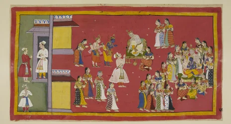 Add 15296 (1) f.50r, Dasaratha avait précédemment ordonné à Sumantra de convoquer ses reines et toutes ses épouses, qui entourent maintenant le roi lorsque Sumantra amène les exilés pour faire leurs adieux. Dasaratha essaie de persuader Rama de ne pas alle