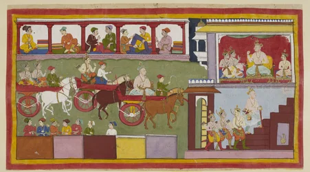 Trois chars transportent le roi, son fils et les deux jeunes princes à travers un bazar. Les façades des magasins éloignés sont visibles avec des marchands vendant du tissu, et les arrières de ceux en dessous. Dans son palais à droite, le roi âgé, utilisan