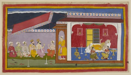 Dasaratha est allongé sur son lit dans sa chambre, les deux reines assises à côté de lui, tous trois en train de converser, essayant de se consoler mutuellement. À l