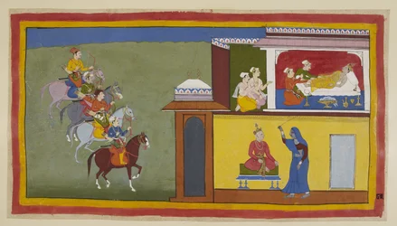 Les quatre messagers à cheval approchent de la ville de Kekaya, tandis que les serviteurs essaient de réveiller Bharata, qui a eu des rêves alarmants sur son père. Dans l