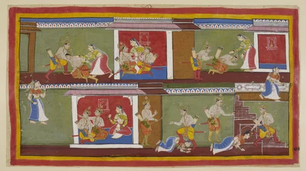 Bharata et Shatrughna saluent Kaikeyi, qui les prend sur ses genoux et ils discutent des événements récents