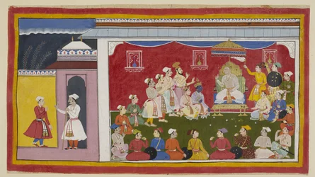 Add 15296 (1) f.8r, Dasaratha est assis sur son trône en plein durbar, avec Rama et Laksmana agenouillés à côté de lui, tandis que le messager envoyé par Bharata de la cour de son grand-père raconte au roi comment ses deux autres fils étudient avec assidui