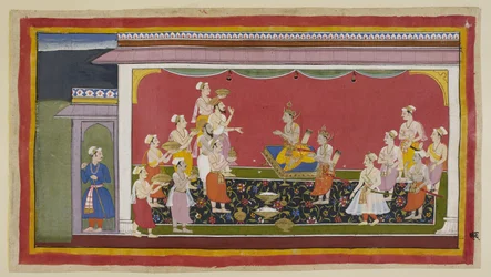 Add. 15296 (1) f. 96r Bharata et Shatrughna ont accompli les rites funéraires de leur père et, quatorze jours plus tard, après la période de deuil prescrite, les prêtres conduits par Vasistha et les ministres apportent à Bharata les objets nécessaires au