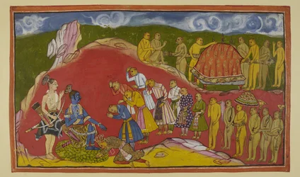 Rama assis sur un siège de pétales de lotus dans sa grotte, avec Laksmana debout à côté de lui, est ravi de voir la vaste armée de singes que Sugriva a amenée avec lui. Sugriva tombe aux pieds de Rama et les ministres singes respectent également